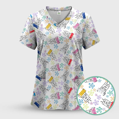 Doodle Bob Energy Drink Nurse Scrub Top - Cute Cartoon Medical Design - RN MD CNA RT Paramedic Healthcare Gift