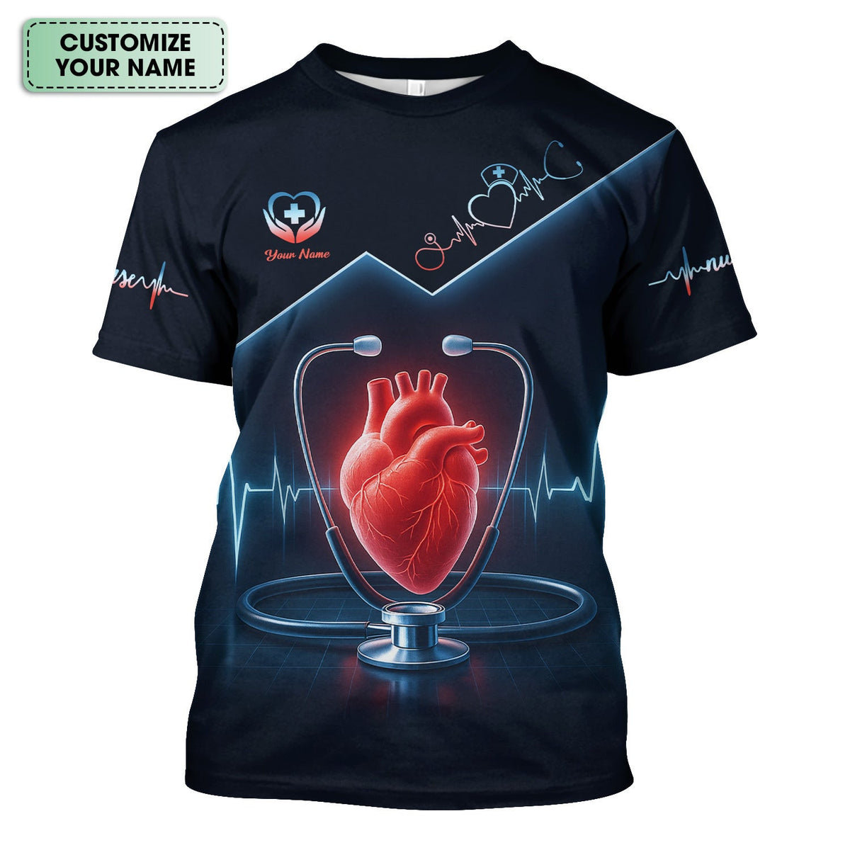 Custom Nurse Scrub Top - Heart Stethoscope EKG Graphic Medical - Personalized Gift for RN LPN CNA Nursing Staff
