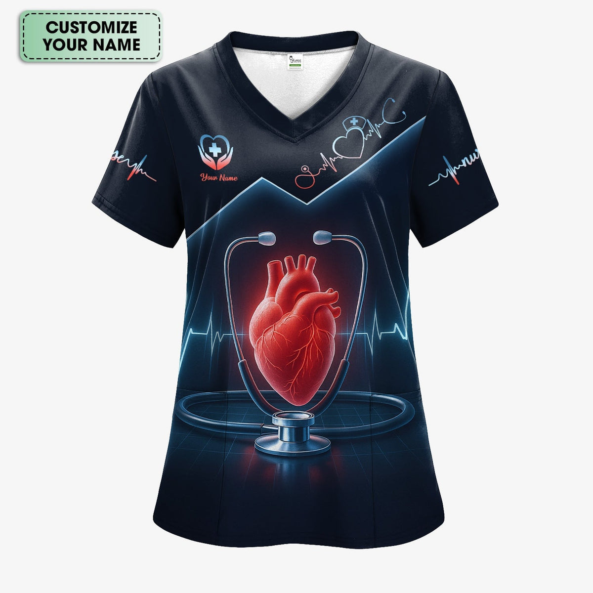 Custom Nurse Scrub Top - Heart Stethoscope EKG Graphic Medical - Personalized Gift for RN LPN CNA Nursing Staff