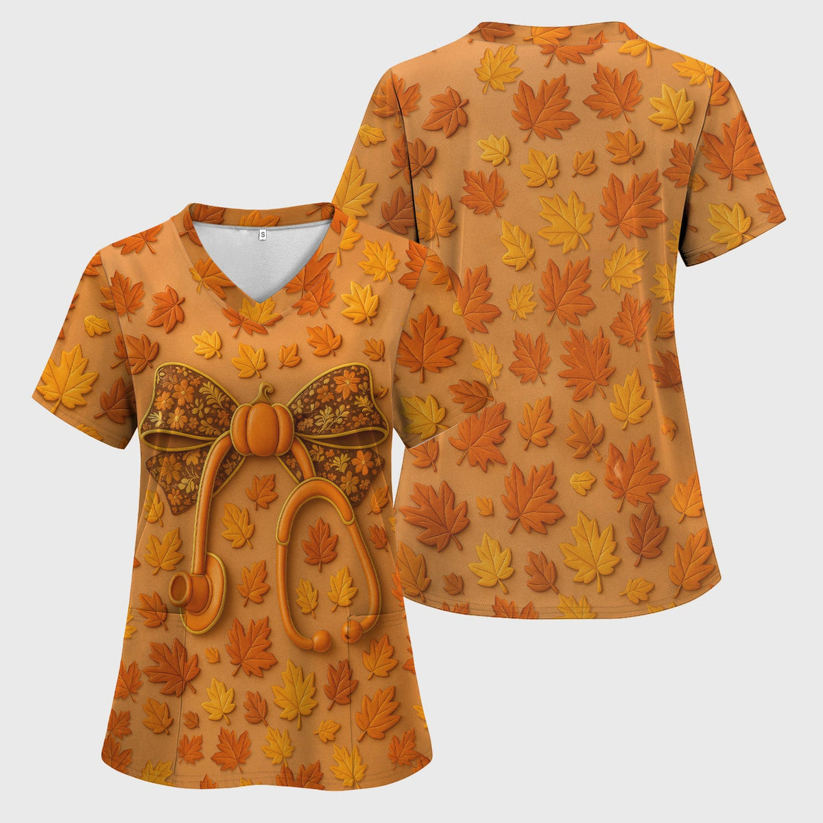 Fall Leaves Nurse Scrub Top - Pumpkin Bow and Stethoscope Design - CNA RN LPN Healthcare Worker Gift