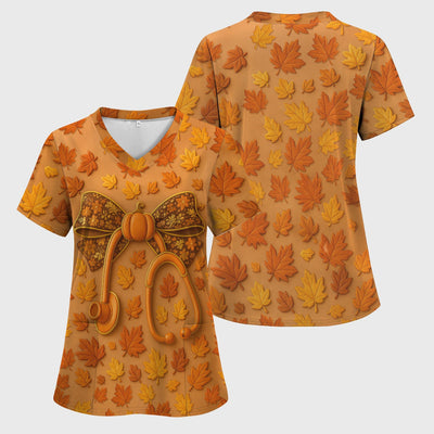 Fall Leaves Nurse Scrub Top - Pumpkin Bow and Stethoscope Design - CNA RN LPN Healthcare Worker Gift