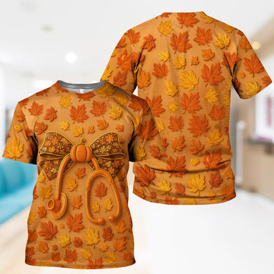 Fall Leaves Nurse Scrub Top - Pumpkin Bow and Stethoscope Design - CNA RN LPN Healthcare Worker Gift
