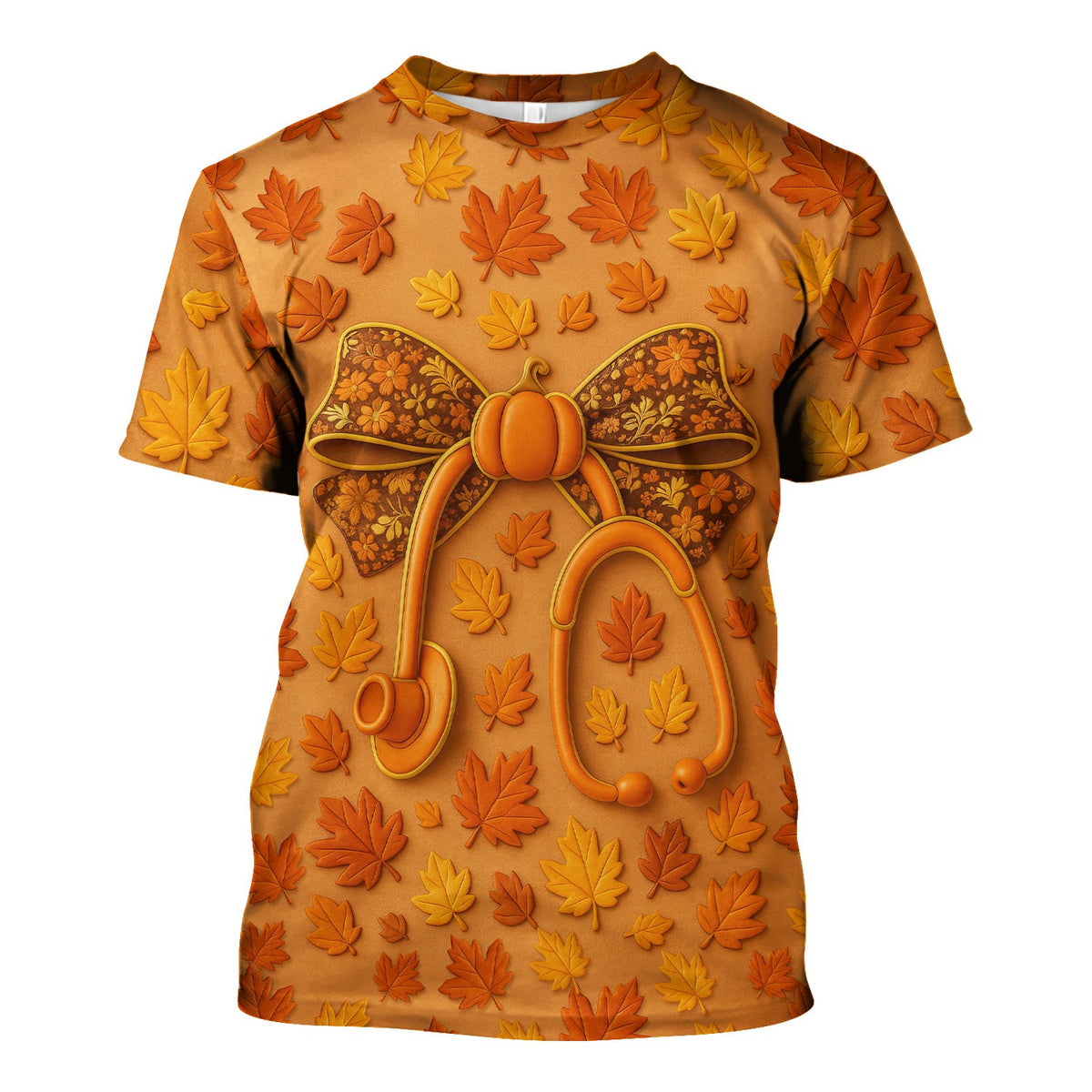 Fall Leaves Nurse Scrub Top - Pumpkin Bow and Stethoscope Design - CNA RN LPN Healthcare Worker Gift