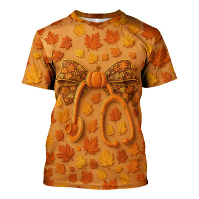 Fall Leaves Nurse Scrub Top - Pumpkin Bow and Stethoscope Design - CNA RN LPN Healthcare Worker Gift