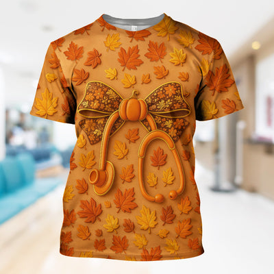 Fall Leaves Nurse Scrub Top - Pumpkin Bow and Stethoscope Design - CNA RN LPN Healthcare Worker Gift