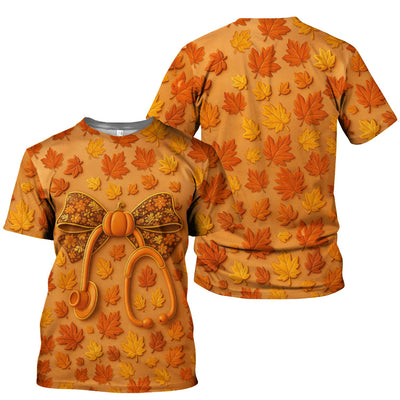 Fall Leaves Nurse Scrub Top - Pumpkin Bow and Stethoscope Design - CNA RN LPN Healthcare Worker Gift