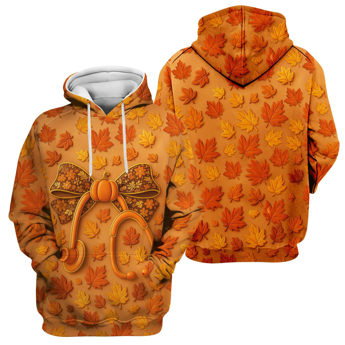 Fall Leaves Nurse Scrub Top - Pumpkin Bow and Stethoscope Design - CNA RN LPN Healthcare Worker Gift