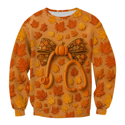 Fall Leaves Nurse Scrub Top - Pumpkin Bow and Stethoscope Design - CNA RN LPN Healthcare Worker Gift