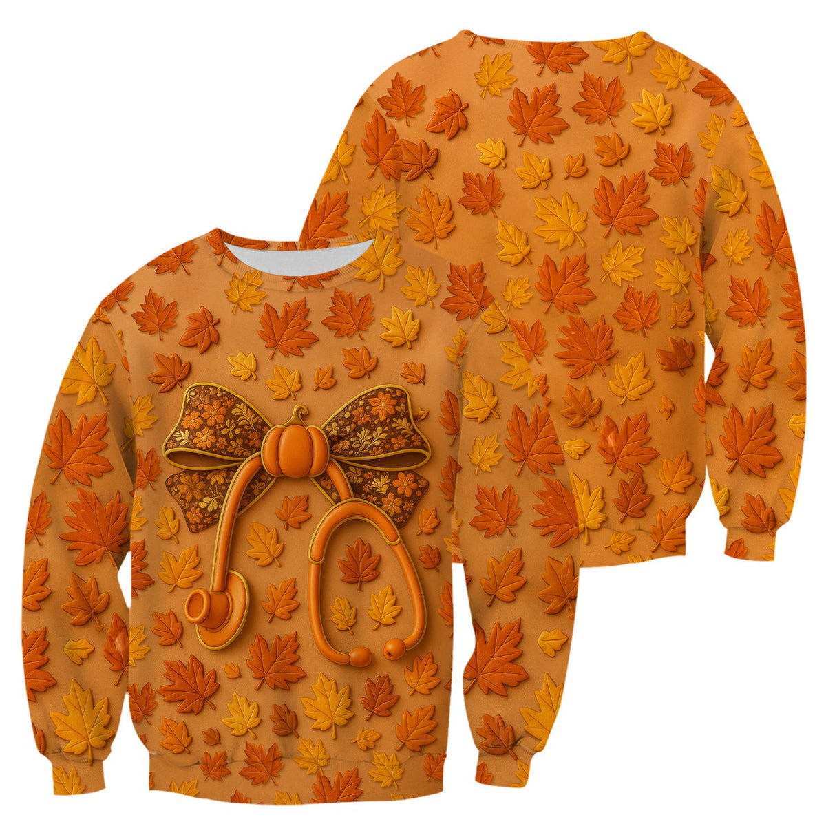 Fall Leaves Nurse Scrub Top - Pumpkin Bow and Stethoscope Design - CNA RN LPN Healthcare Worker Gift