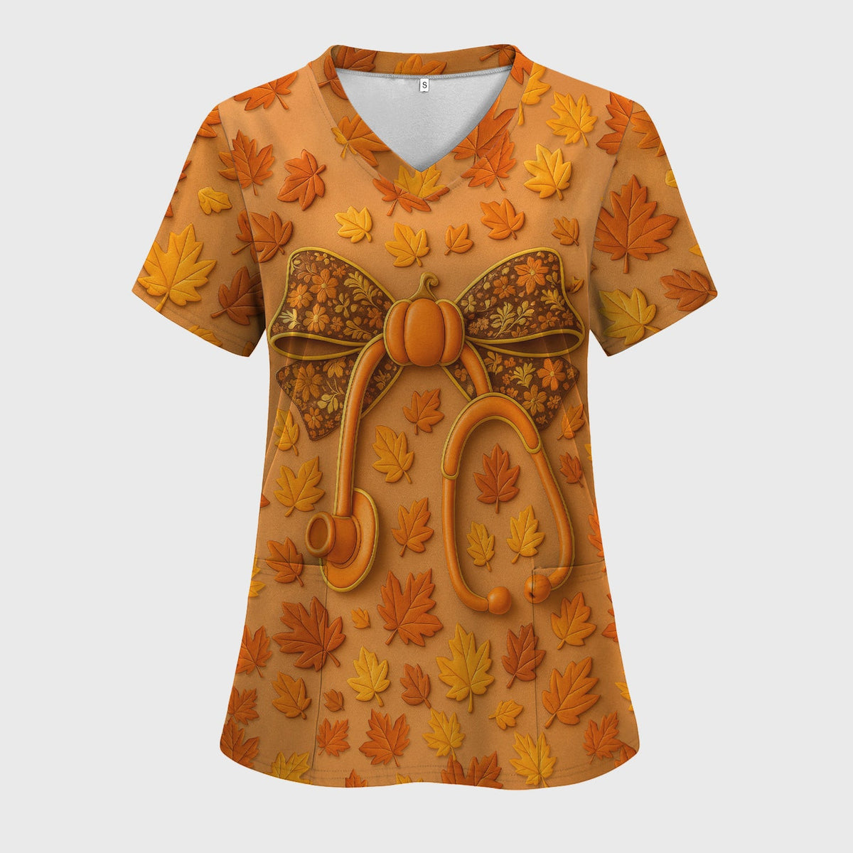 Fall Leaves Nurse Scrub Top - Pumpkin Bow and Stethoscope Design - CNA RN LPN Healthcare Worker Gift