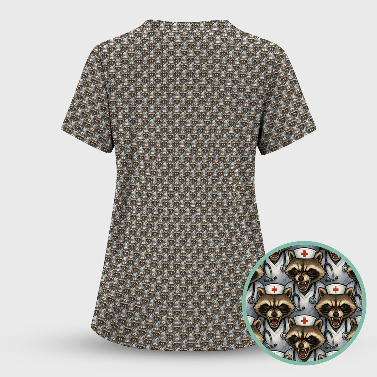 Funny Nurse Raccoon Scrub Top - All-Over Print Angry Raccoon Face Pattern - Gift for Women RN, LPN, CNA
