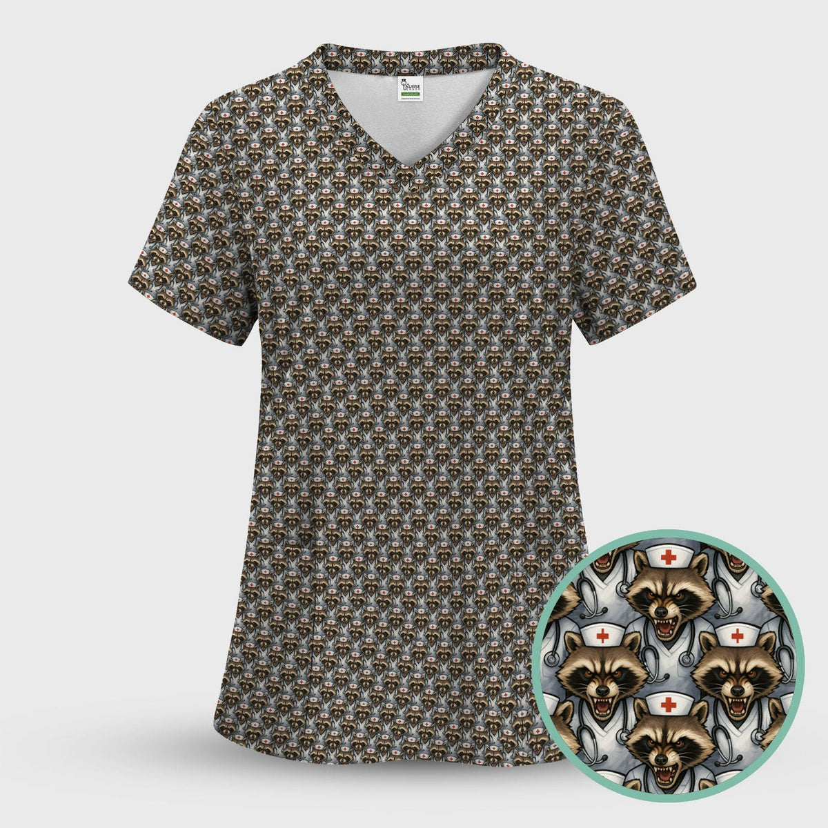 Funny Nurse Raccoon Scrub Top - All-Over Print Angry Raccoon Face Pattern - Gift for Women RN, LPN, CNA