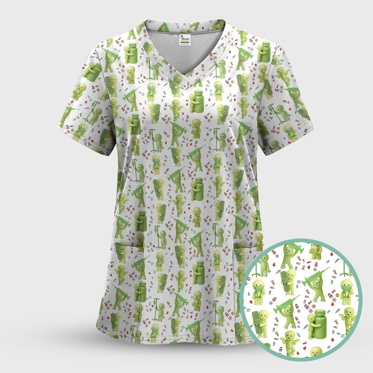 Funny Smiski Nurse Scrub Top - Cute Smiski Medical Pattern Design - Gift for Women RN LPN CNA