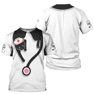 Personalized Black Cat Nurse Shirt - Funny Cat Lover Medical Tee for Women - Gift for RN LPN CNA