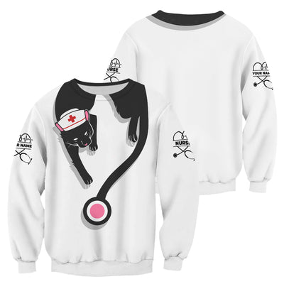 Personalized Black Cat Nurse Shirt - Funny Cat Lover Medical Tee for Women - Gift for RN LPN CNA