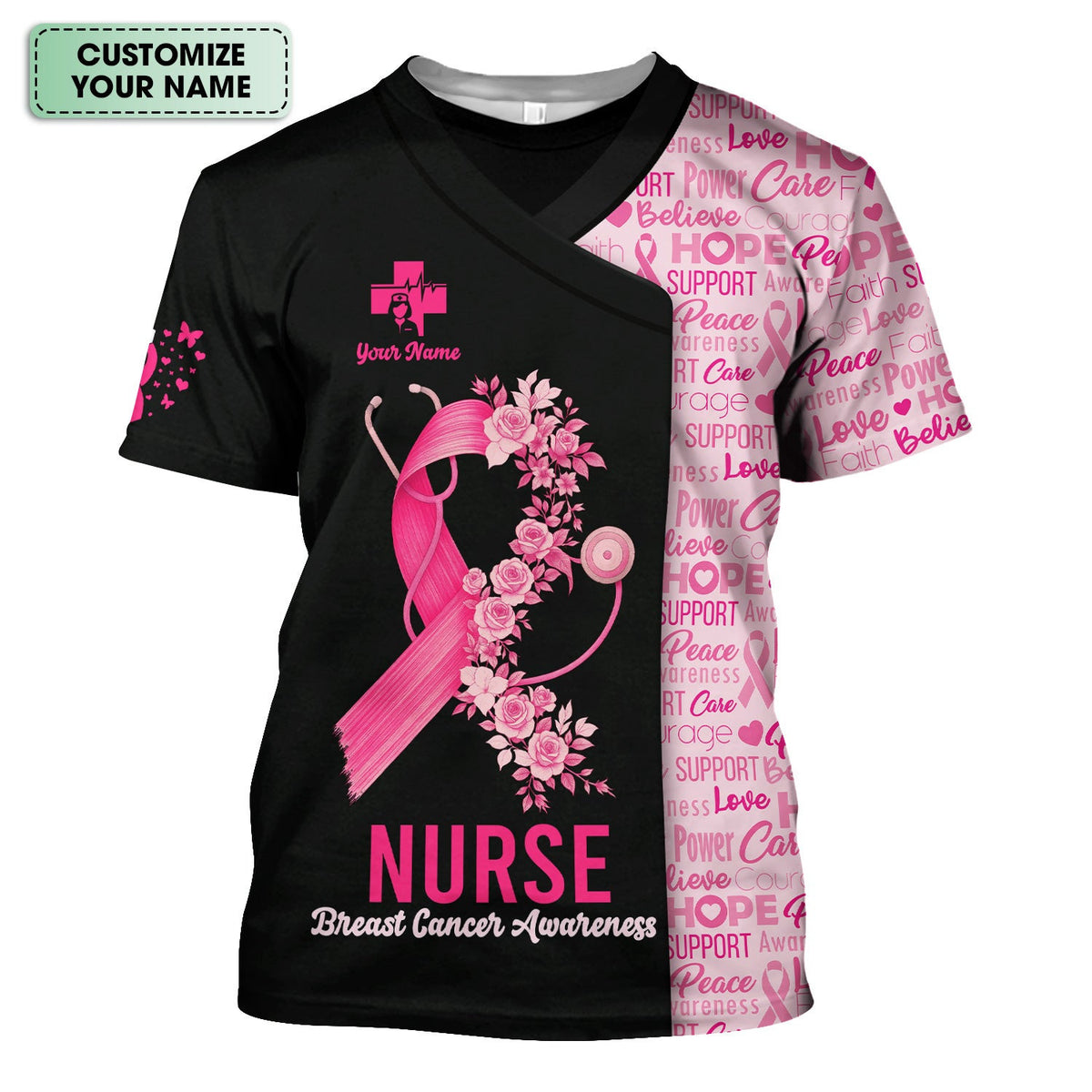 Personalized Breast Cancer Awareness Nurse Scrub Top - Pink Ribbon Medical Uniform Shirt For Women - Gift for CNA RN LPN