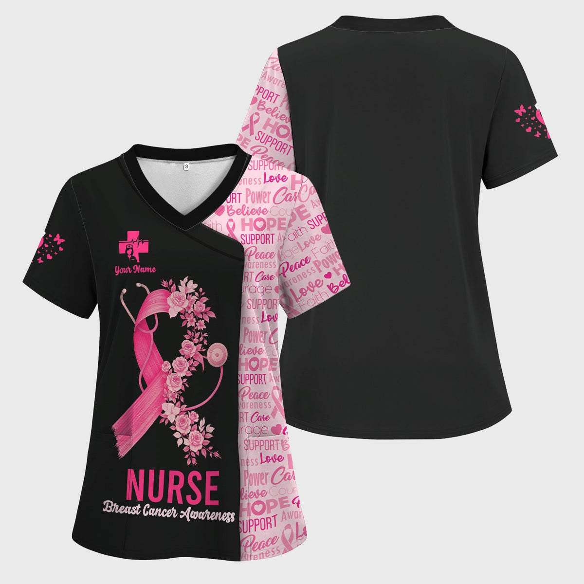 Personalized Breast Cancer Awareness Nurse Scrub Top - Pink Ribbon Medical Uniform Shirt For Women - Gift for CNA RN LPN