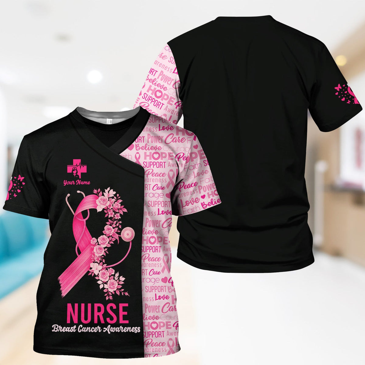 Personalized Breast Cancer Awareness Nurse Scrub Top - Pink Ribbon Medical Uniform Shirt For Women - Gift for CNA RN LPN