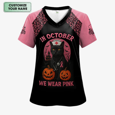 Custom Breast Cancer Awareness Nurse Shirt - In October We Wear Pink Halloween Cat Tee - CNA RN LPN Nursing Apparel Gift