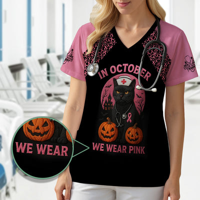 Custom Breast Cancer Awareness Nurse Shirt - In October We Wear Pink Halloween Cat Tee - CNA RN LPN Nursing Apparel Gift