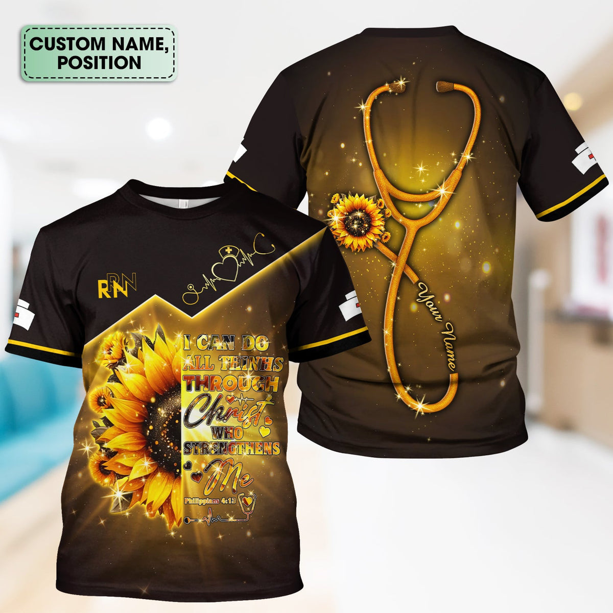 Personalized Faith Nurse Shirt - All Things Through Christ Graphic Tee - Gift for Christian Nurses RN LPN CNA