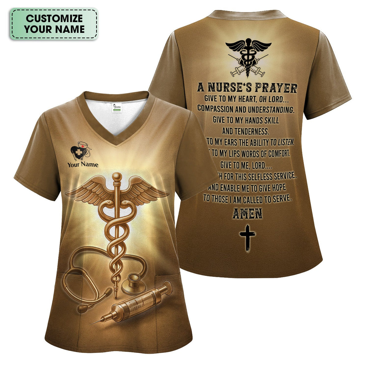 Custom Faith Nurse Scrub Top - Give To My Heart Prayer Graphic - Gift for Christian Nurses RN LPN CNA