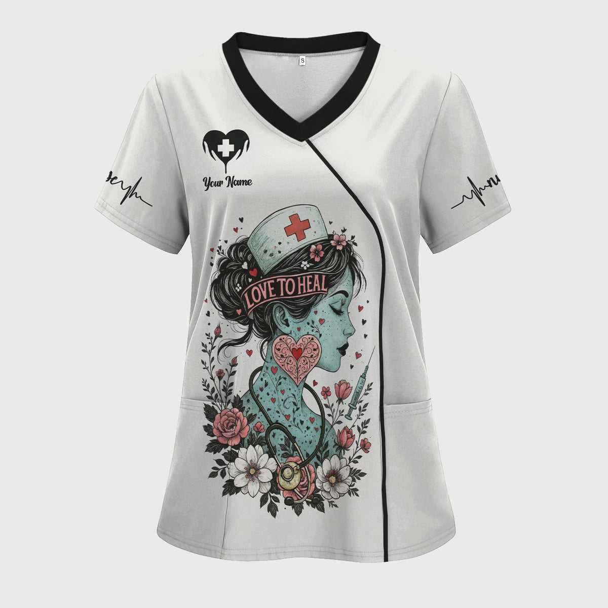 Personalized Tattooed Nurse Scrub Top - Love to Heal Floral Graphic Design - Gift for Women RN, LPN, CNA
