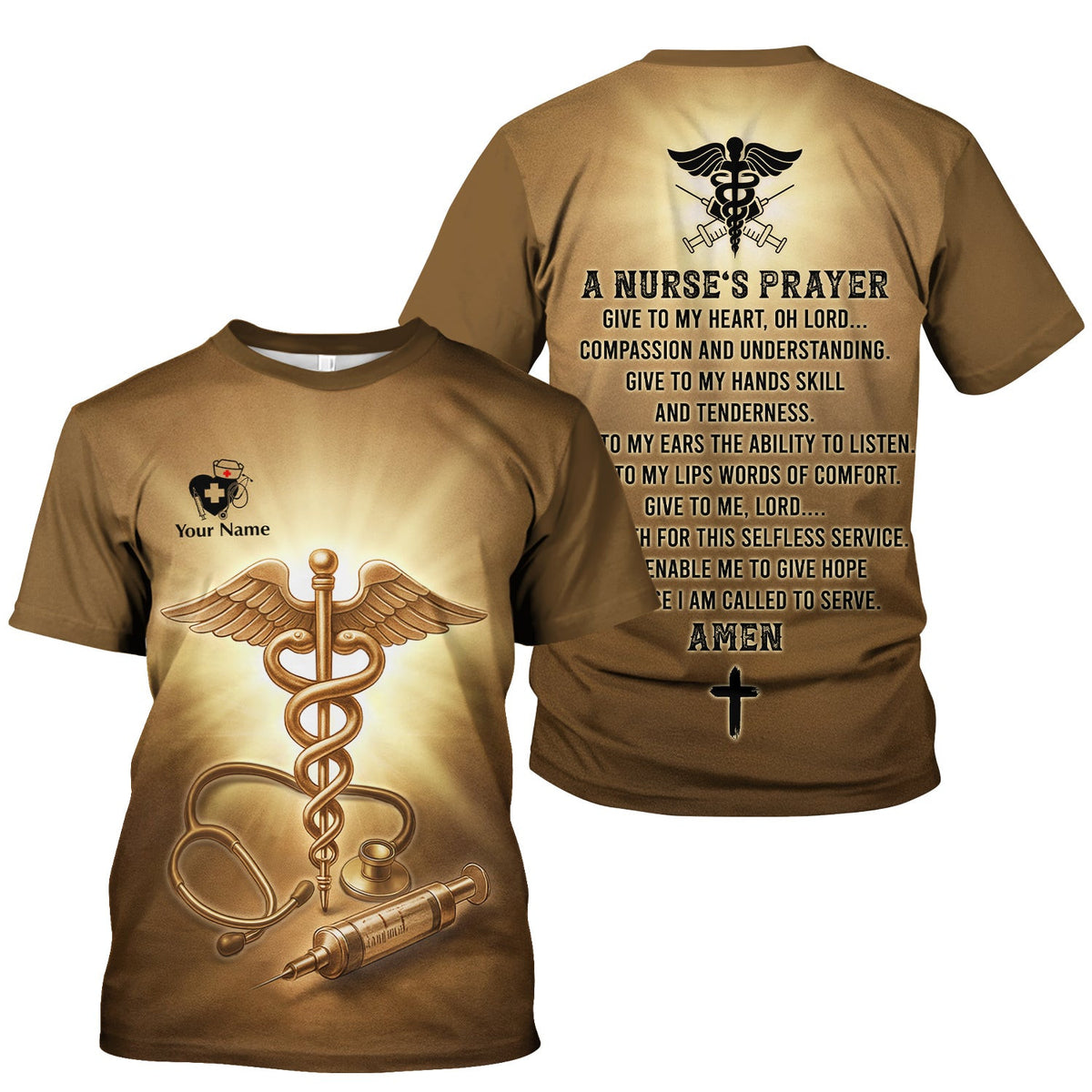 Personalized Christian Nurse Prayer Shirt - A Nurse's Prayer & Caduceus Symbol Graphic Tee - Gift for RN LPN CNA