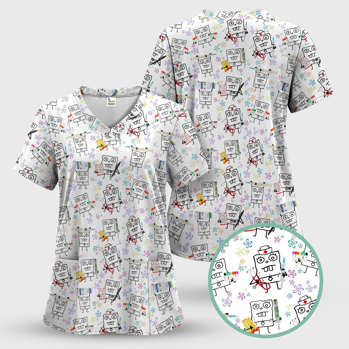 Custom Doodle Bob Energy Drink Nurse Scrub Top - Funny Cartoon Medical Design - Gift for RN MD RT CNA Paramedic Healthcare Staff