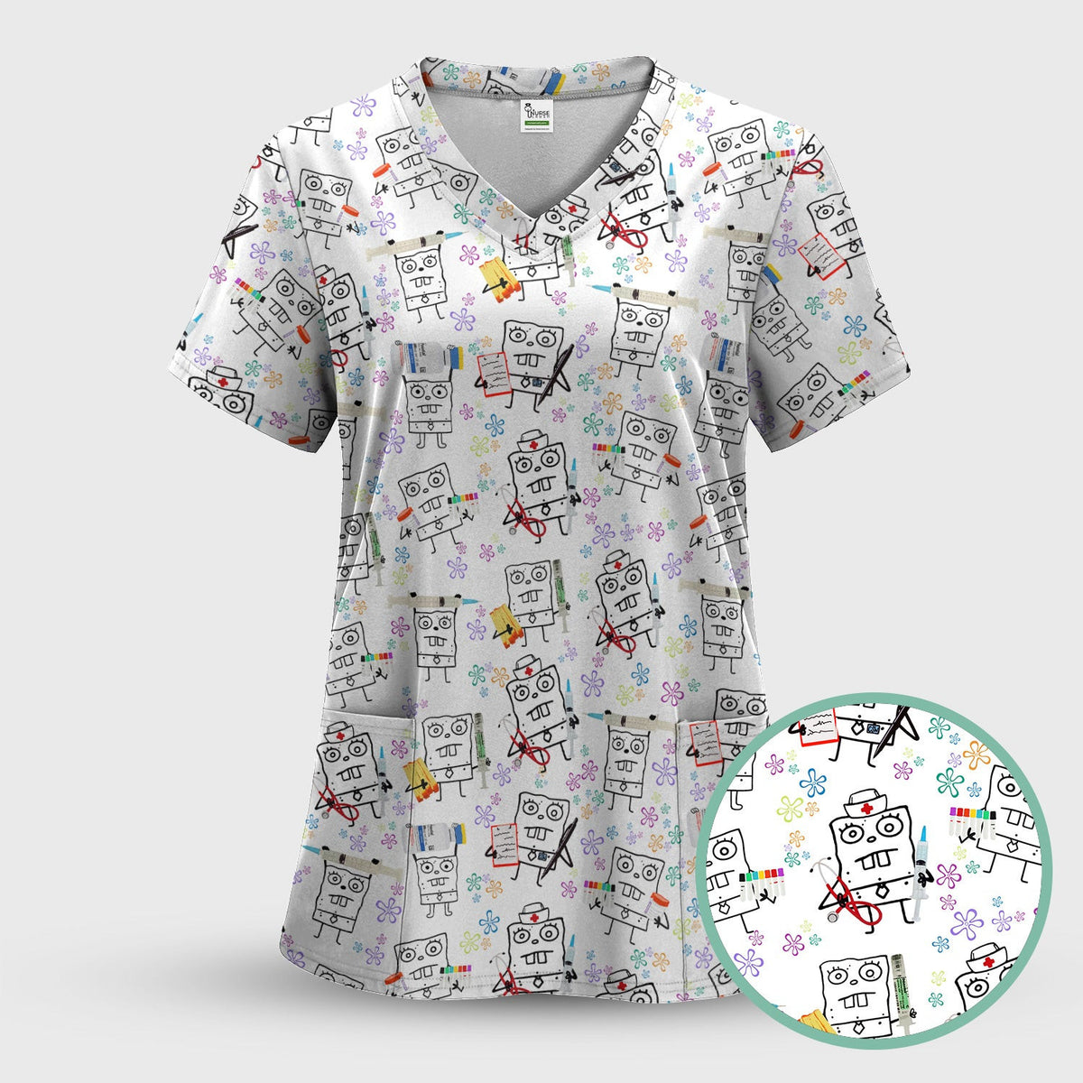 Custom Doodle Bob Energy Drink Nurse Scrub Top - Funny Cartoon Medical Design - Gift for RN MD RT CNA Paramedic Healthcare Staff