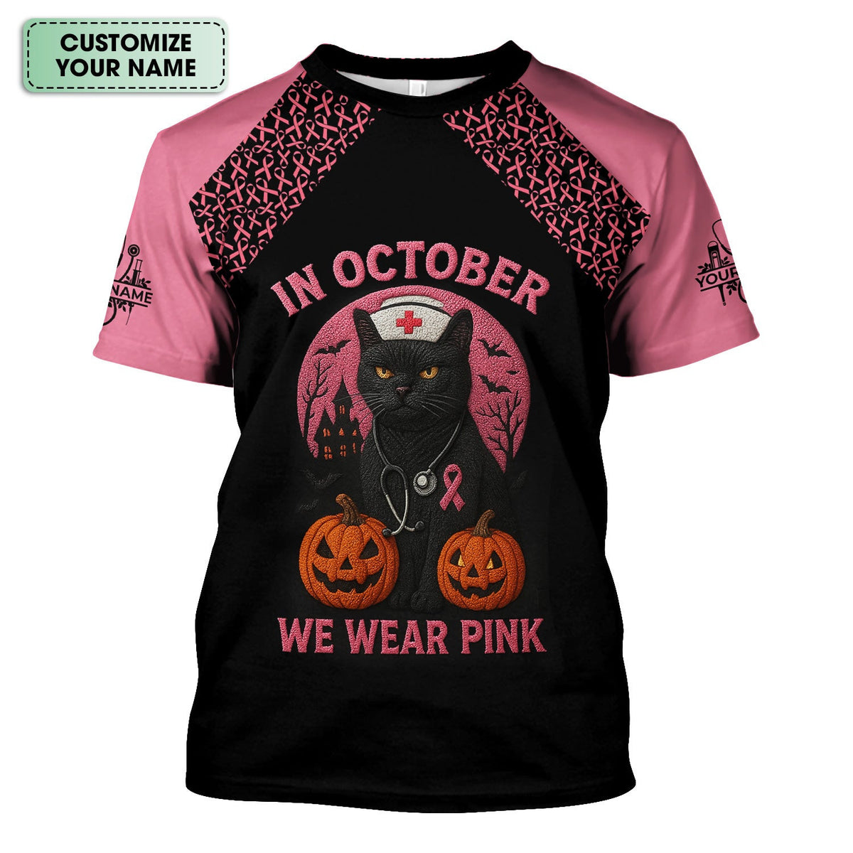 In October We Wear Pink Nurse Scrub Top - Breast Cancer Awareness Halloween Medical - Custom CNA RN LPN Nursing Apparel Gift