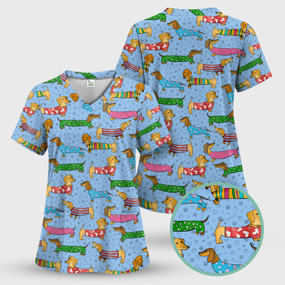 Dachshund Dog Scrub Top - Funny Animal Lover Scrubs For Women - RN LPN CNA Healthcare Workers Gift