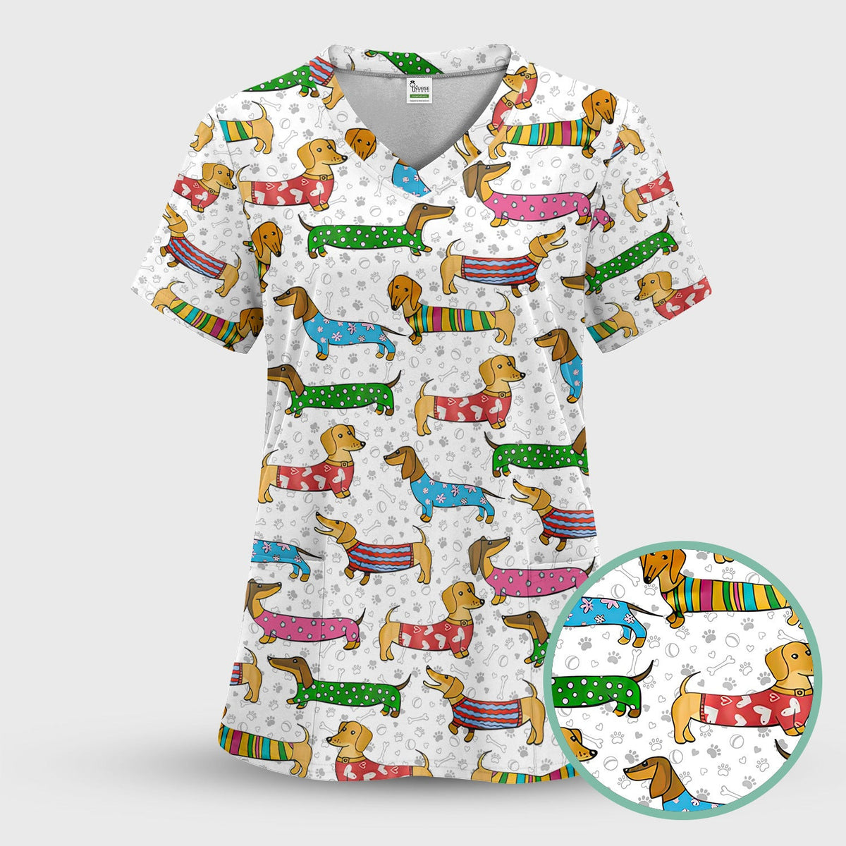 Dachshund Dog Scrub Top - Funny Animal Lover Scrubs For Women - RN LPN CNA Healthcare Workers Gift