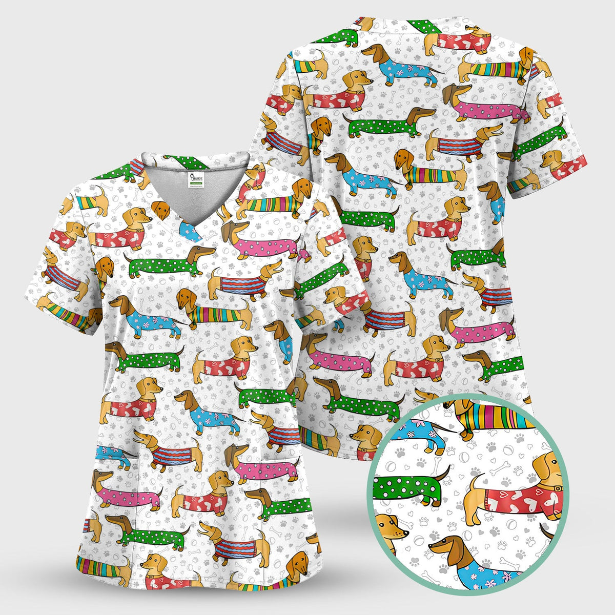 Dachshund Dog Scrub Top - Funny Animal Lover Scrubs For Women - RN LPN CNA Healthcare Workers Gift