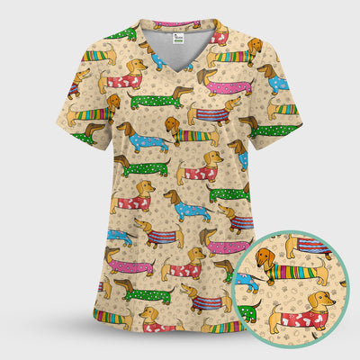 Dachshund Dog Scrub Top - Funny Animal Lover Scrubs For Women - RN LPN CNA Healthcare Workers Gift
