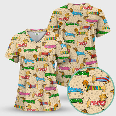 Dachshund Dog Scrub Top - Funny Animal Lover Scrubs For Women - RN LPN CNA Healthcare Workers Gift