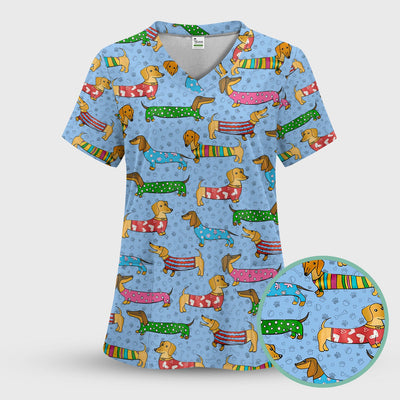 Dachshund Dog Scrub Top - Funny Animal Lover Scrubs For Women - RN LPN CNA Healthcare Workers Gift
