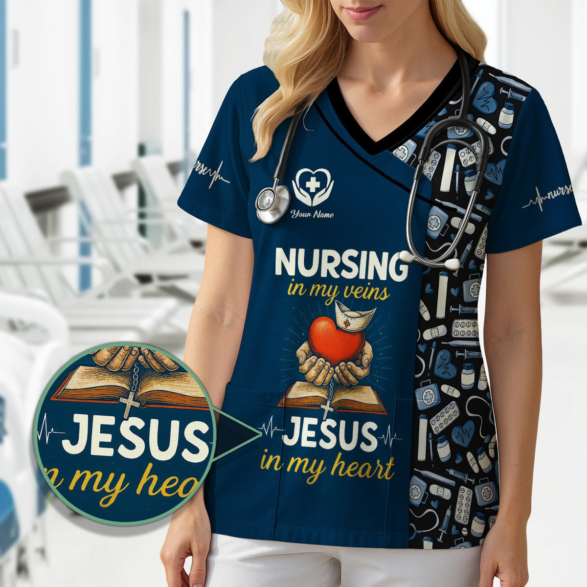 Custom Name Nurse Scrub Top - Nursing in My Veins Jesus in My Heart Quote - Gift for RN LPN CNA