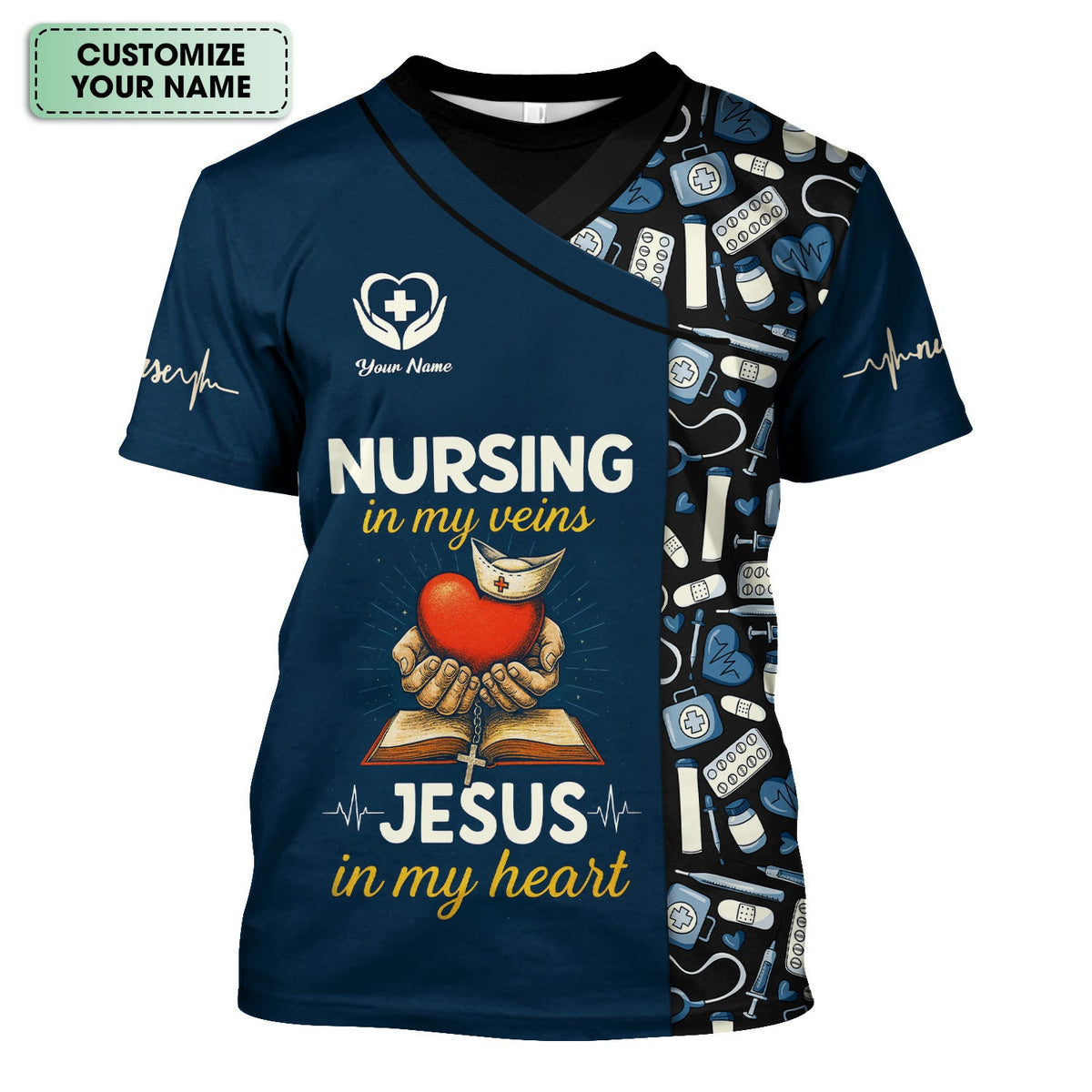 Custom Name Nurse Scrub Top - Nursing in My Veins Jesus in My Heart Quote - Gift for RN LPN CNA