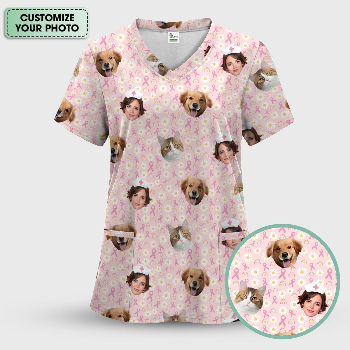 Breast Cancer Awareness Nurse Scrub - Custom Face Nurse Scrub for Women - Gift for RN LPN CNA