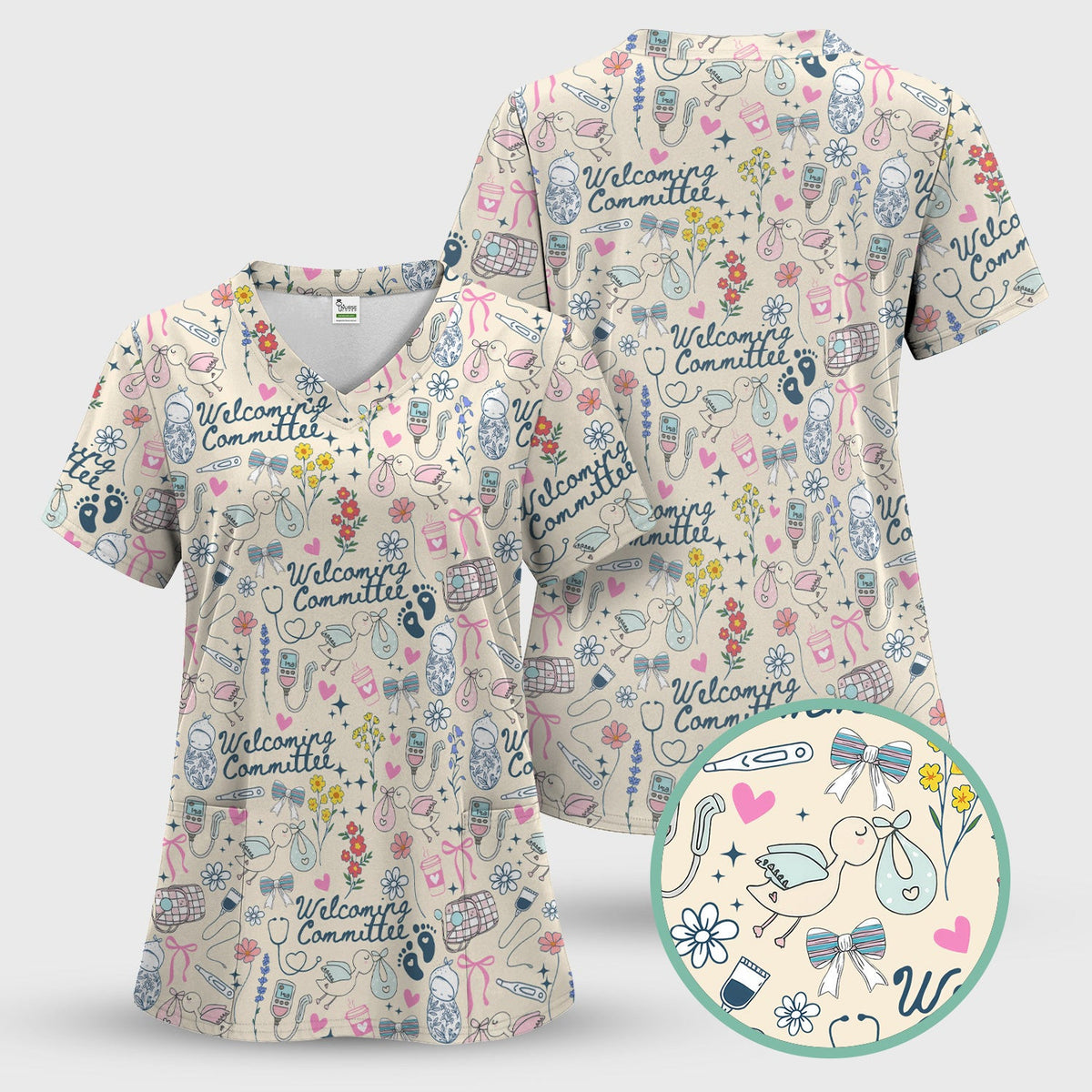 Cute L&D Nurse Scrub Top - Welcoming Committee & Stork Delivering Baby Design - Gift for Women RN LPN