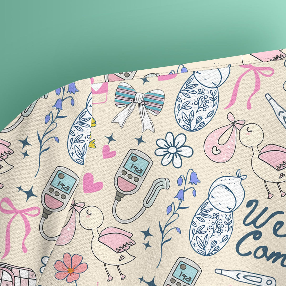 Cute L&D Nurse Scrub Top - Welcoming Committee & Stork Delivering Baby Design - Gift for Women RN LPN