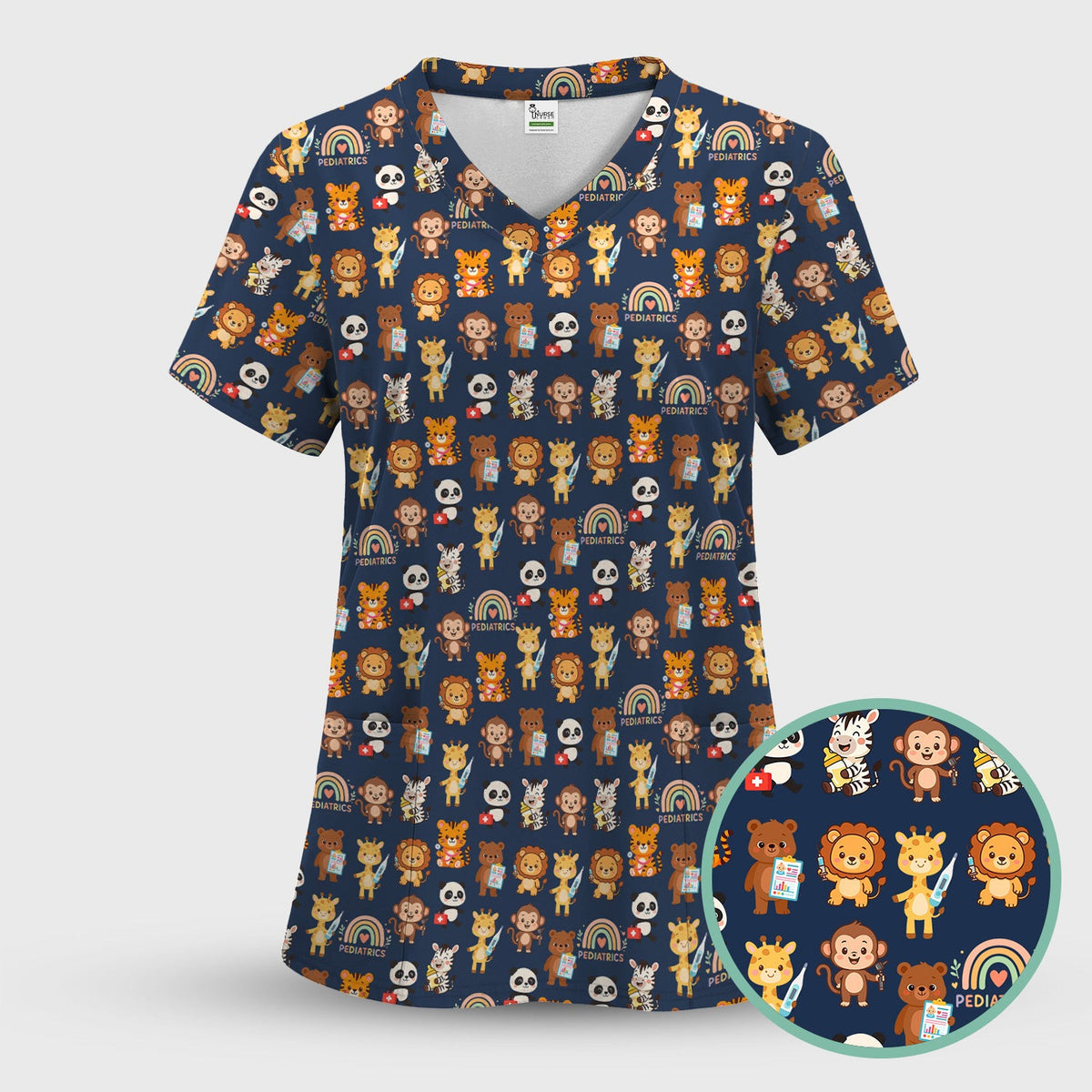 Funny Animal Nurse Scrub - Cute Zoo & Safari Animals Pattern Design - Gift for PEDS RN LPN