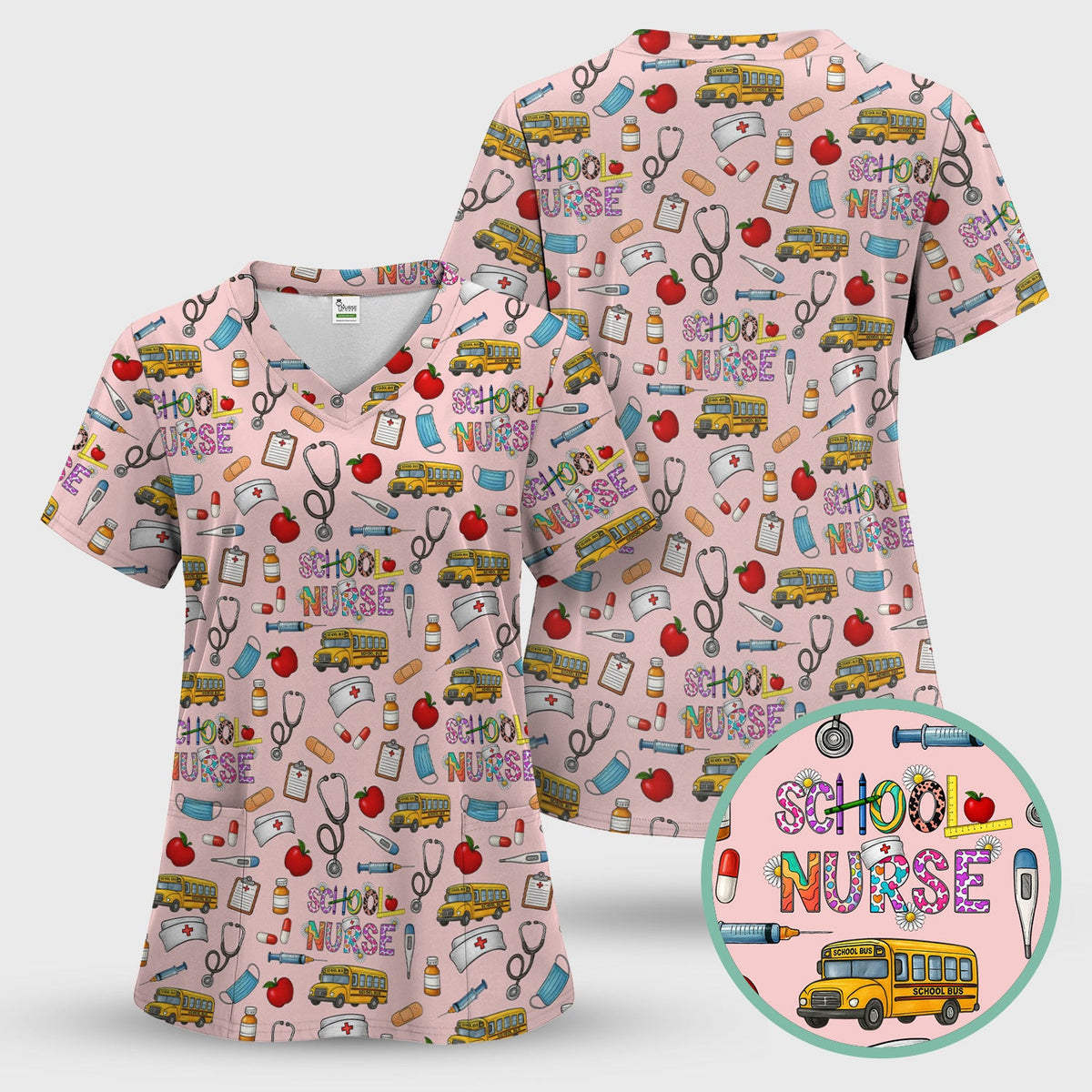 Cute School Nurse Scrub Top - Funny School Bus & Stethoscope Pattern Design - Gift for Women RN LPN