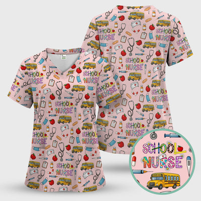 Cute School Nurse Scrub Top - Funny School Bus & Stethoscope Pattern Design - Gift for Women RN LPN