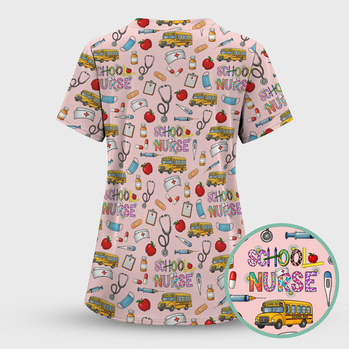 Cute School Nurse Scrub Top - Funny School Bus & Stethoscope Pattern Design - Gift for Women RN LPN