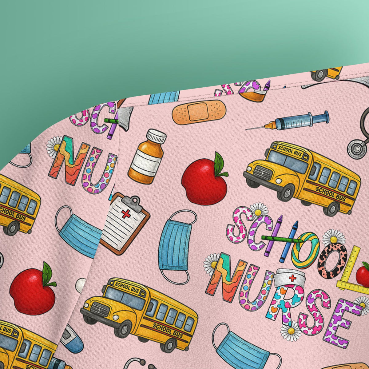 Cute School Nurse Scrub Top - Funny School Bus & Stethoscope Pattern Design - Gift for Women RN LPN