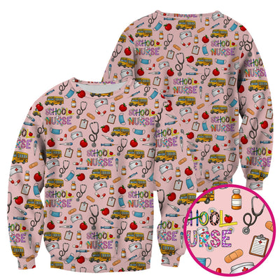 Cute School Nurse Scrub Top - Funny School Bus & Stethoscope Pattern Design - Gift for Women RN LPN