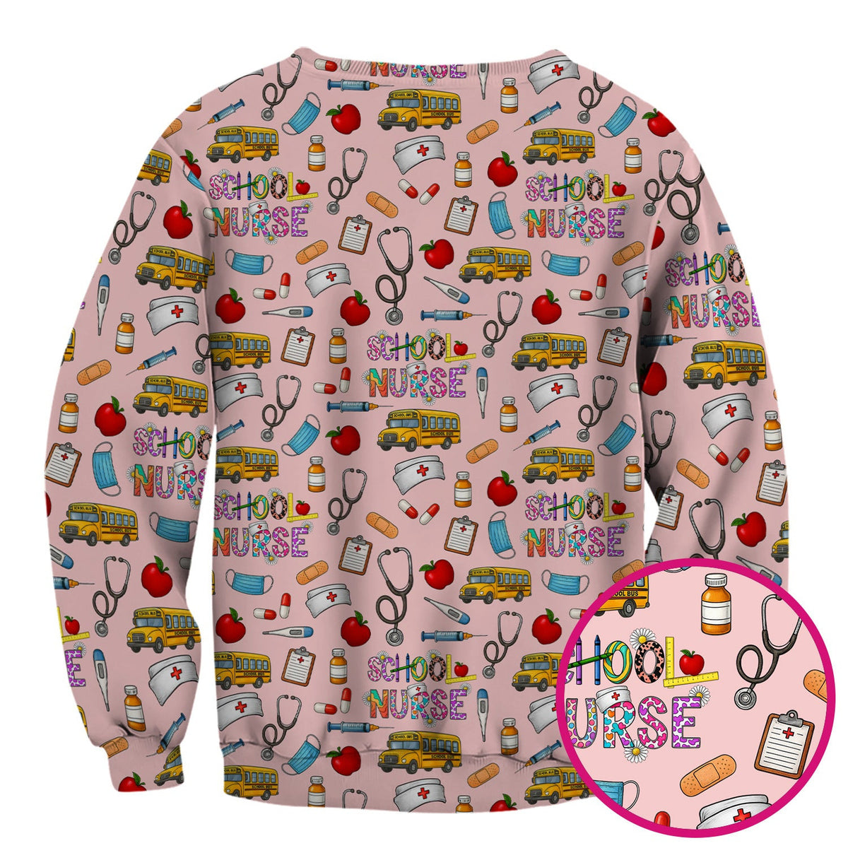 Cute School Nurse Scrub Top - Funny School Bus & Stethoscope Pattern Design - Gift for Women RN LPN