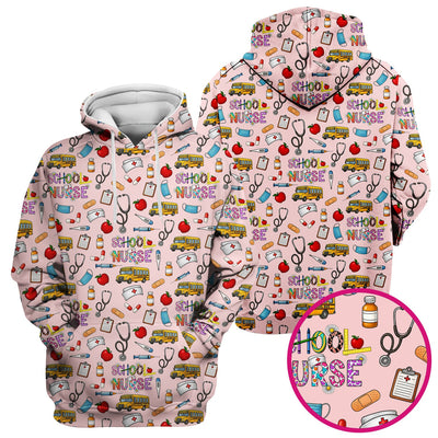Cute School Nurse Scrub Top - Funny School Bus & Stethoscope Pattern Design - Gift for Women RN LPN